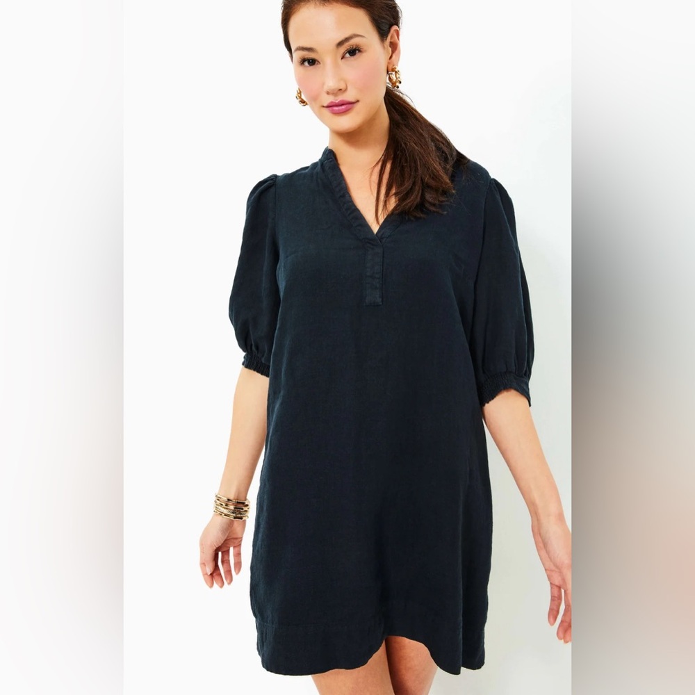 Lilly Pulitzer Black Mialeigh Linen Dress Classic Shirt Dress Size 4 Four